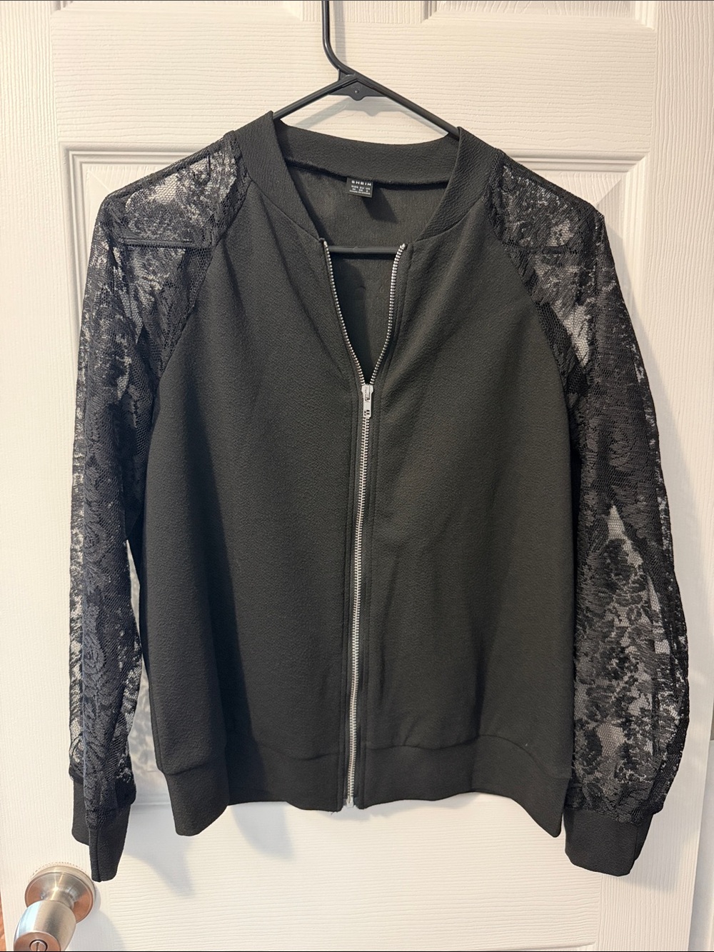 SHEIN Black Lace-Sleeve Zip Front Top